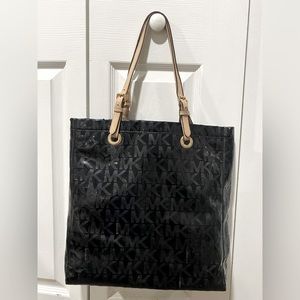 Michael Kors black bag/purse/tote gold details tan strap